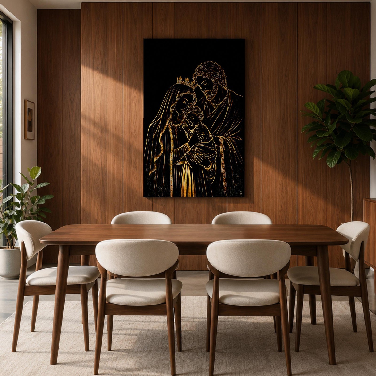 Elegant gold line illustration of the Holy Family showing Mary, Joseph, and baby Jesus embraced together, drawn in glowing gold lines on a deep black background creating a minimalist Catholic devotional artwork.