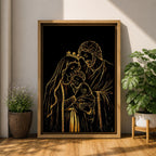 Elegant gold line illustration of the Holy Family showing Mary, Joseph, and baby Jesus embraced together, drawn in glowing gold lines on a deep black background creating a minimalist Catholic devotional artwork.