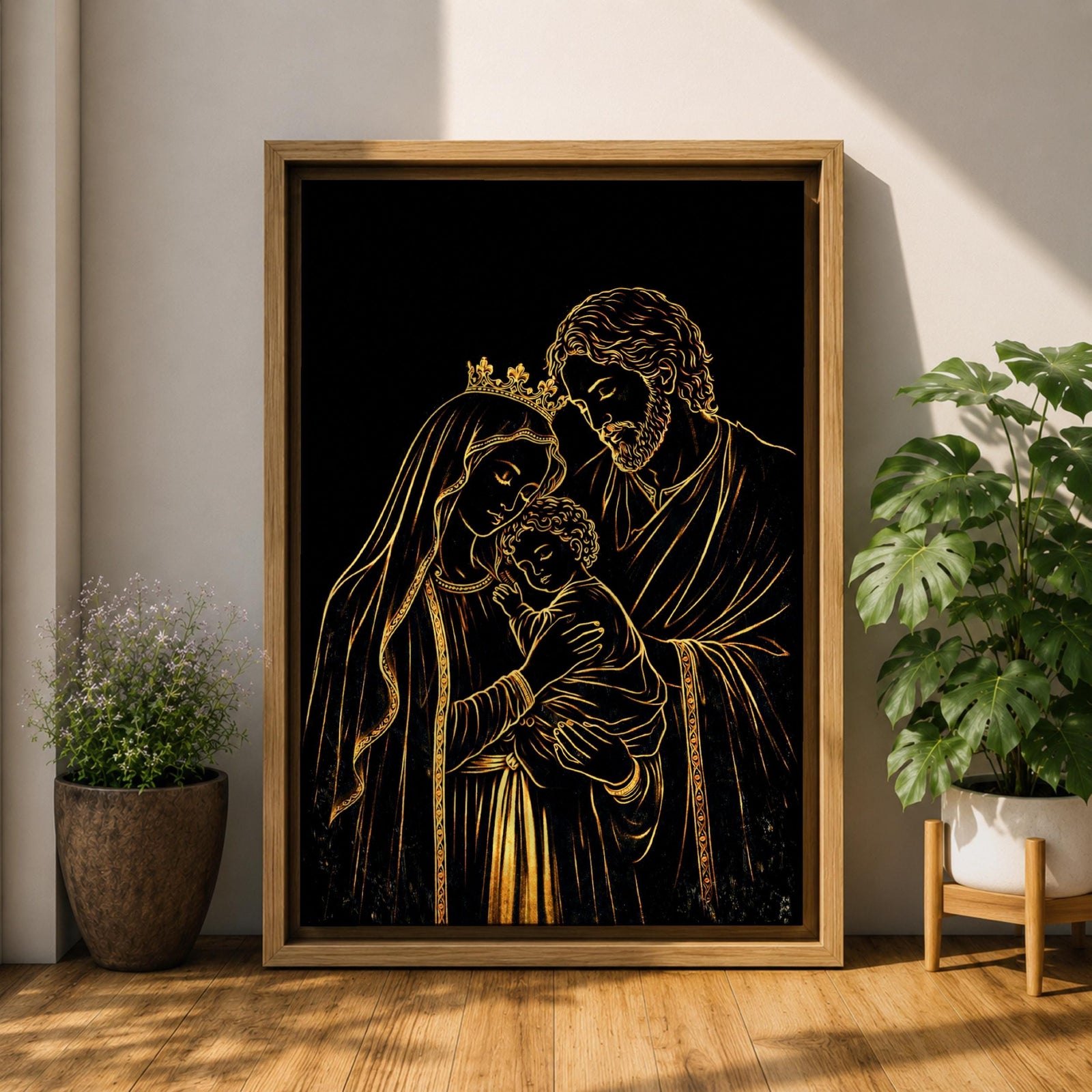 Elegant gold line illustration of the Holy Family showing Mary, Joseph, and baby Jesus embraced together, drawn in glowing gold lines on a deep black background creating a minimalist Catholic devotional artwork.