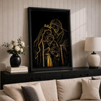 Elegant gold line illustration of the Holy Family showing Mary, Joseph, and baby Jesus embraced together, drawn in glowing gold lines on a deep black background creating a minimalist Catholic devotional artwork.