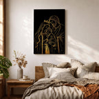 Elegant gold line illustration of the Holy Family showing Mary, Joseph, and baby Jesus embraced together, drawn in glowing gold lines on a deep black background creating a minimalist Catholic devotional artwork.