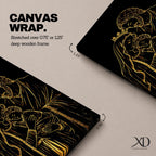 Elegant gold line illustration of the Holy Family showing Mary, Joseph, and baby Jesus embraced together, drawn in glowing gold lines on a deep black background creating a minimalist Catholic devotional artwork.
