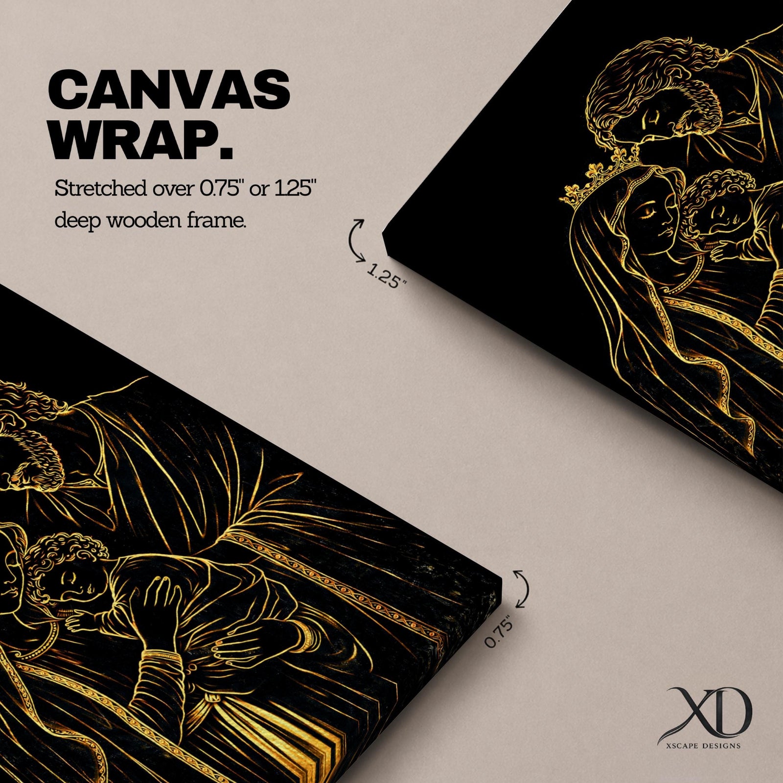 Elegant gold line illustration of the Holy Family showing Mary, Joseph, and baby Jesus embraced together, drawn in glowing gold lines on a deep black background creating a minimalist Catholic devotional artwork.