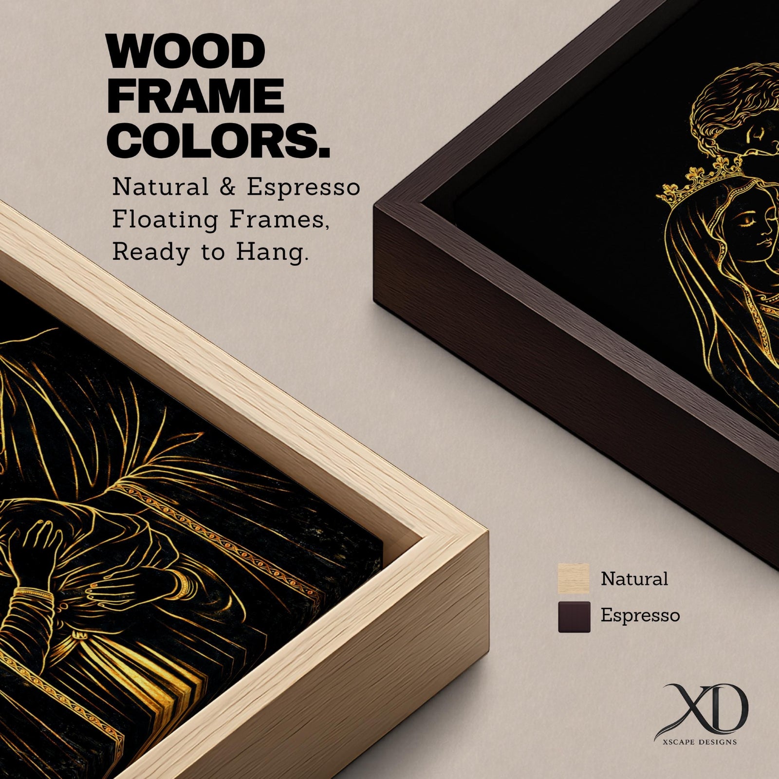Elegant gold line illustration of the Holy Family showing Mary, Joseph, and baby Jesus embraced together, drawn in glowing gold lines on a deep black background creating a minimalist Catholic devotional artwork.