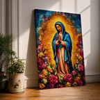 Colorful devotional painting inspired by Our Lady of Guadalupe showing the Virgin Mary standing in prayer with hands folded, wearing a blue mantle and surrounded by a radiant golden halo and vibrant blooming roses forming a rich floral Catholic composition.