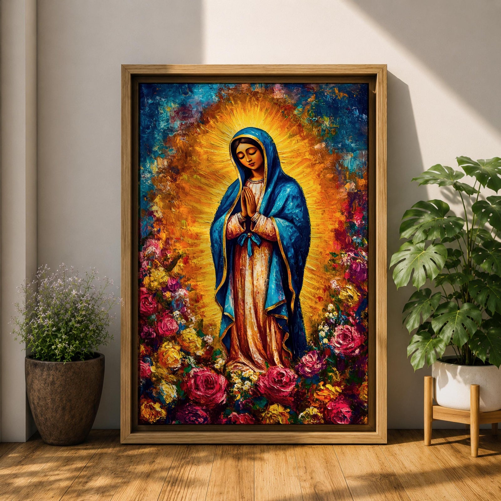 Colorful devotional painting inspired by Our Lady of Guadalupe showing the Virgin Mary standing in prayer with hands folded, wearing a blue mantle and surrounded by a radiant golden halo and vibrant blooming roses forming a rich floral Catholic composition.