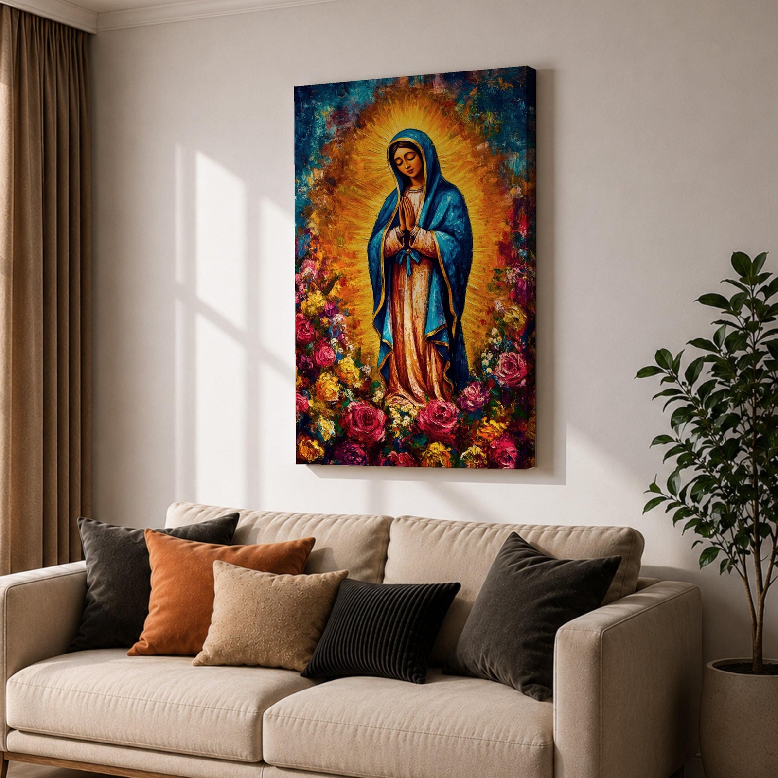 Colorful devotional painting inspired by Our Lady of Guadalupe showing the Virgin Mary standing in prayer with hands folded, wearing a blue mantle and surrounded by a radiant golden halo and vibrant blooming roses forming a rich floral Catholic composition.