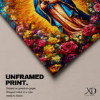Colorful devotional painting inspired by Our Lady of Guadalupe showing the Virgin Mary standing in prayer with hands folded, wearing a blue mantle and surrounded by a radiant golden halo and vibrant blooming roses forming a rich floral Catholic composition.