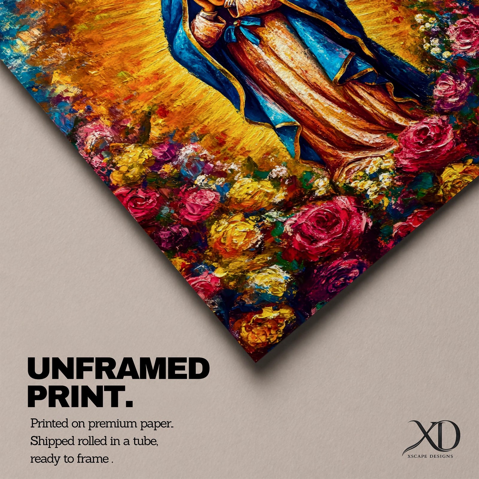 Colorful devotional painting inspired by Our Lady of Guadalupe showing the Virgin Mary standing in prayer with hands folded, wearing a blue mantle and surrounded by a radiant golden halo and vibrant blooming roses forming a rich floral Catholic composition.