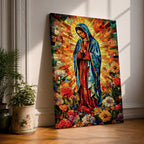Colorful devotional painting of Our Lady of Guadalupe standing in prayer with hands folded, wearing a blue mantle and surrounded by a radiant golden halo and vibrant flowers in a rich Mexican Catholic devotional style.