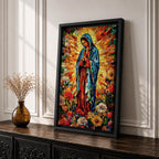 Colorful devotional painting of Our Lady of Guadalupe standing in prayer with hands folded, wearing a blue mantle and surrounded by a radiant golden halo and vibrant flowers in a rich Mexican Catholic devotional style.