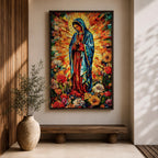 Colorful devotional painting of Our Lady of Guadalupe standing in prayer with hands folded, wearing a blue mantle and surrounded by a radiant golden halo and vibrant flowers in a rich Mexican Catholic devotional style.
