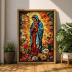 Colorful devotional painting of Our Lady of Guadalupe standing in prayer with hands folded, wearing a blue mantle and surrounded by a radiant golden halo and vibrant flowers in a rich Mexican Catholic devotional style.
