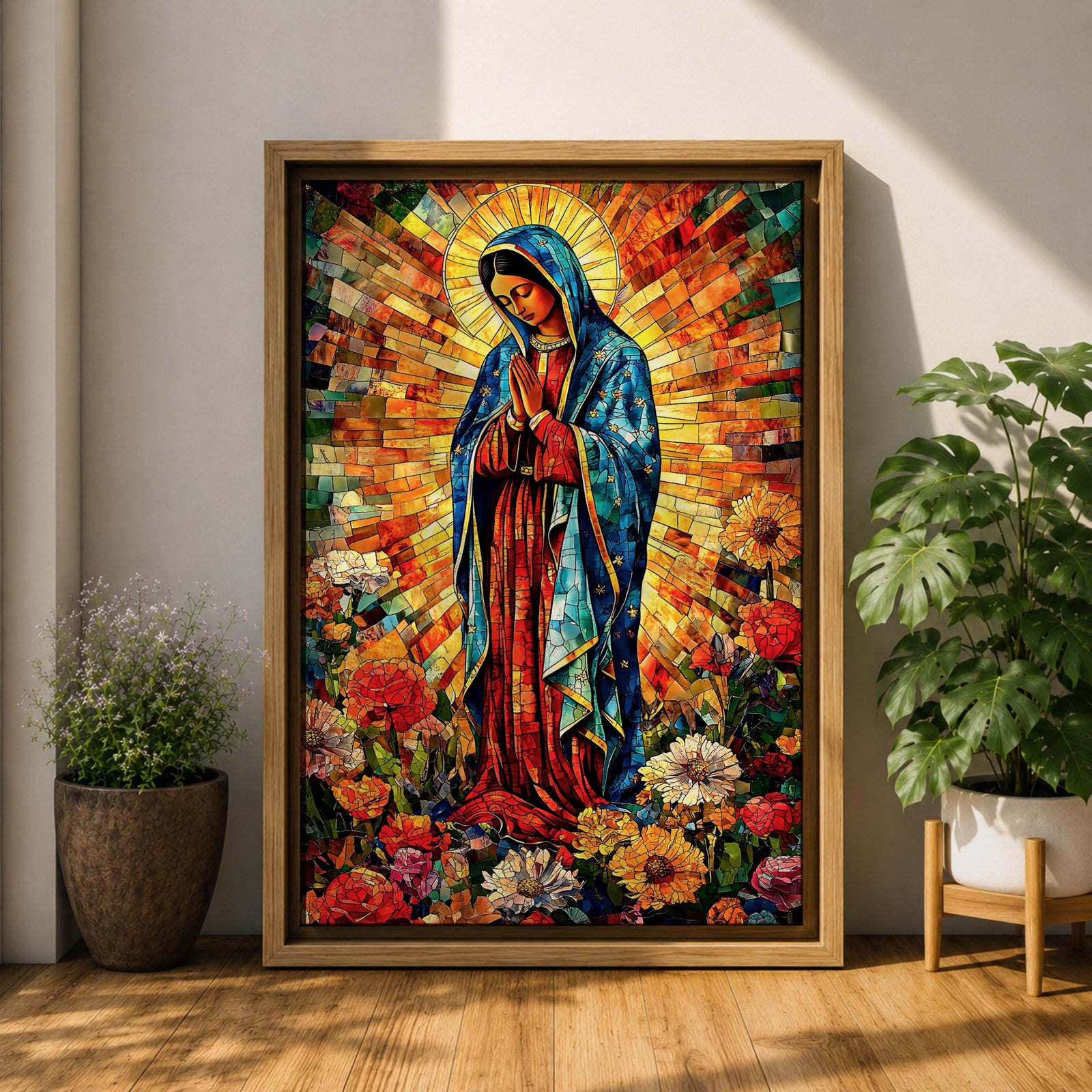 Colorful devotional painting of Our Lady of Guadalupe standing in prayer with hands folded, wearing a blue mantle and surrounded by a radiant golden halo and vibrant flowers in a rich Mexican Catholic devotional style.