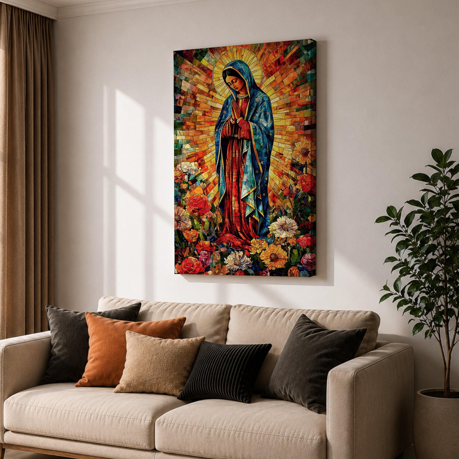 Colorful devotional painting of Our Lady of Guadalupe standing in prayer with hands folded, wearing a blue mantle and surrounded by a radiant golden halo and vibrant flowers in a rich Mexican Catholic devotional style.