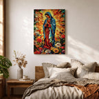 Colorful devotional painting of Our Lady of Guadalupe standing in prayer with hands folded, wearing a blue mantle and surrounded by a radiant golden halo and vibrant flowers in a rich Mexican Catholic devotional style.