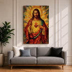 Geometric stained glass style artwork of Jesus Christ with the Sacred Heart glowing on his chest while he raises one hand in blessing, surrounded by radiant golden rays and angular mosaic patterns in warm red and gold tones.