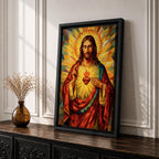 Geometric stained glass style artwork of Jesus Christ with the Sacred Heart glowing on his chest while he raises one hand in blessing, surrounded by radiant golden rays and angular mosaic patterns in warm red and gold tones.
