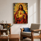 Geometric stained glass style artwork of Jesus Christ with the Sacred Heart glowing on his chest while he raises one hand in blessing, surrounded by radiant golden rays and angular mosaic patterns in warm red and gold tones.
