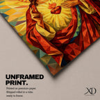 Geometric stained glass style artwork of Jesus Christ with the Sacred Heart glowing on his chest while he raises one hand in blessing, surrounded by radiant golden rays and angular mosaic patterns in warm red and gold tones.