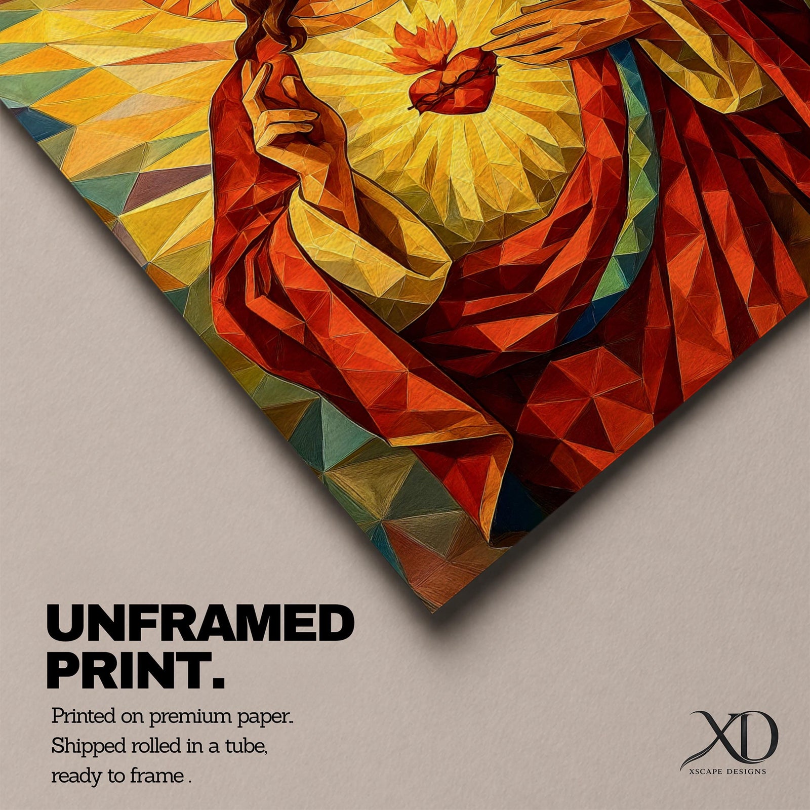 Geometric stained glass style artwork of Jesus Christ with the Sacred Heart glowing on his chest while he raises one hand in blessing, surrounded by radiant golden rays and angular mosaic patterns in warm red and gold tones.