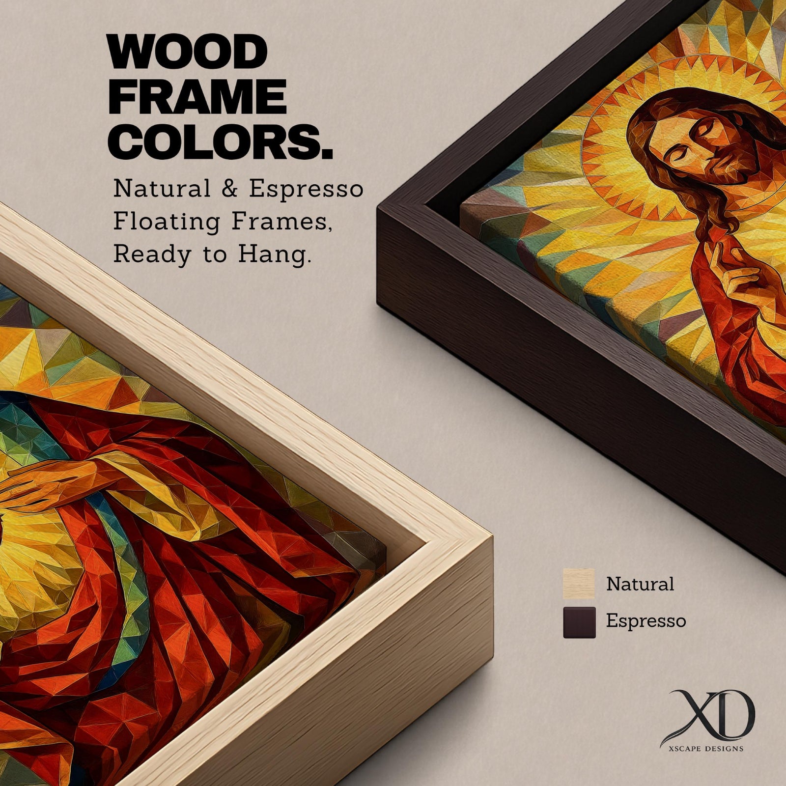Geometric stained glass style artwork of Jesus Christ with the Sacred Heart glowing on his chest while he raises one hand in blessing, surrounded by radiant golden rays and angular mosaic patterns in warm red and gold tones.