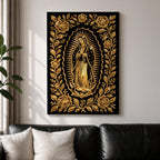 Elegant gold line artwork of Our Lady of Guadalupe standing in prayer surrounded by radiant rays and a decorative floral border, illustrated in glowing gold lines against a deep black background in a refined Mexican Catholic devotional style.