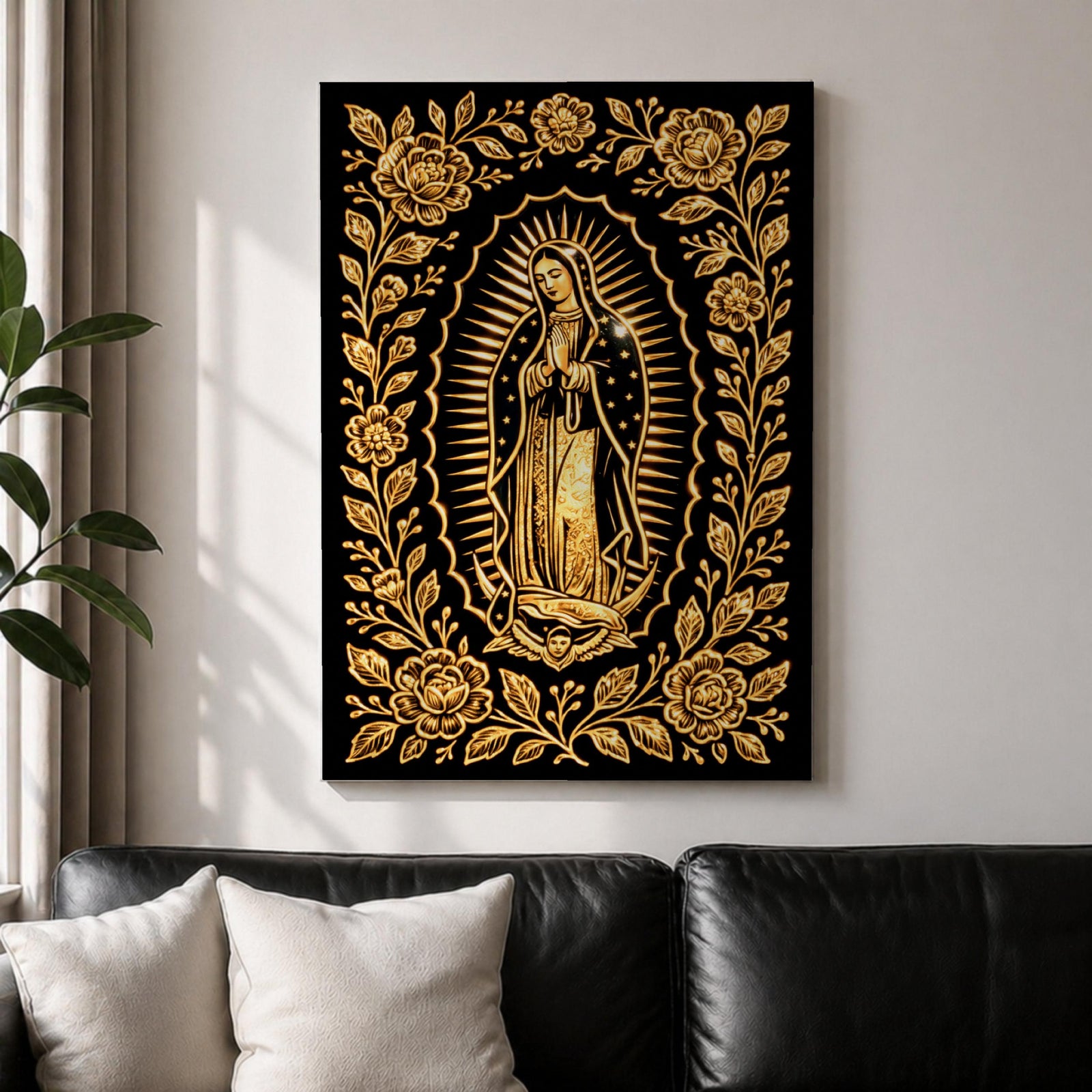 Elegant gold line artwork of Our Lady of Guadalupe standing in prayer surrounded by radiant rays and a decorative floral border, illustrated in glowing gold lines against a deep black background in a refined Mexican Catholic devotional style.