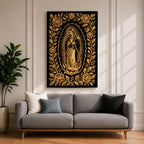 Elegant gold line artwork of Our Lady of Guadalupe standing in prayer surrounded by radiant rays and a decorative floral border, illustrated in glowing gold lines against a deep black background in a refined Mexican Catholic devotional style.