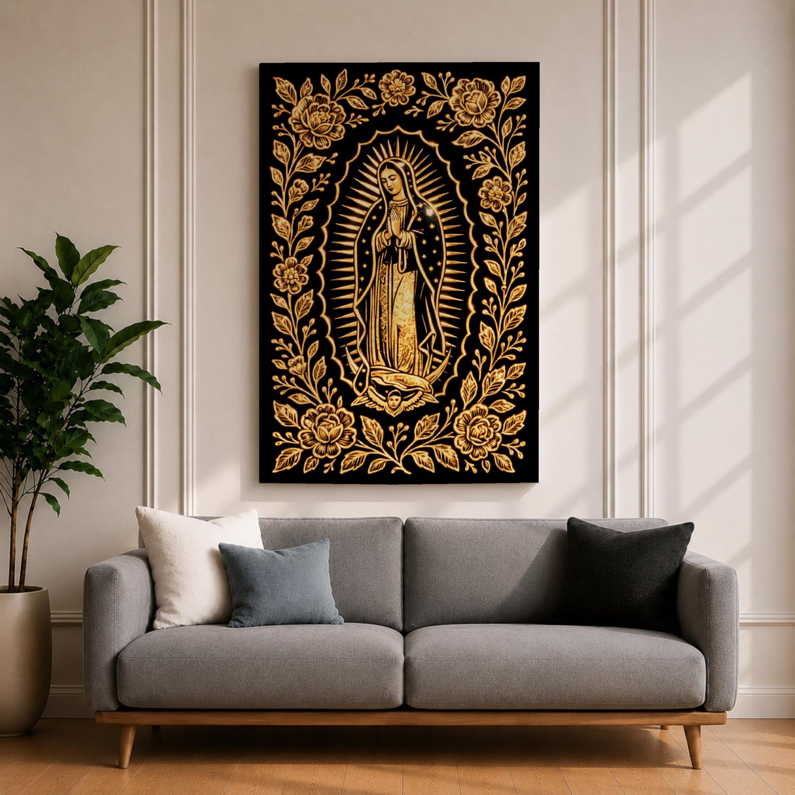 Elegant gold line artwork of Our Lady of Guadalupe standing in prayer surrounded by radiant rays and a decorative floral border, illustrated in glowing gold lines against a deep black background in a refined Mexican Catholic devotional style.