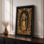 Elegant gold line artwork of Our Lady of Guadalupe standing in prayer surrounded by radiant rays and a decorative floral border, illustrated in glowing gold lines against a deep black background in a refined Mexican Catholic devotional style.
