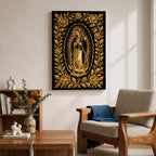 Elegant gold line artwork of Our Lady of Guadalupe standing in prayer surrounded by radiant rays and a decorative floral border, illustrated in glowing gold lines against a deep black background in a refined Mexican Catholic devotional style.