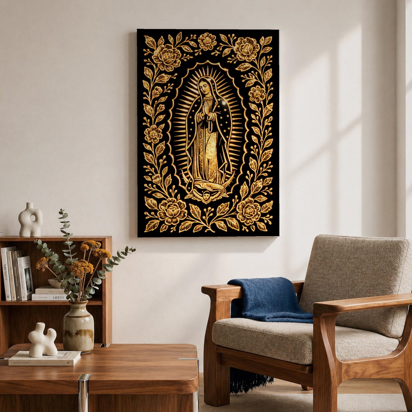 Elegant gold line artwork of Our Lady of Guadalupe standing in prayer surrounded by radiant rays and a decorative floral border, illustrated in glowing gold lines against a deep black background in a refined Mexican Catholic devotional style.
