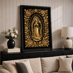 Elegant gold line artwork of Our Lady of Guadalupe standing in prayer surrounded by radiant rays and a decorative floral border, illustrated in glowing gold lines against a deep black background in a refined Mexican Catholic devotional style.