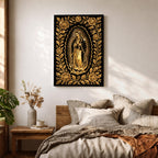 Elegant gold line artwork of Our Lady of Guadalupe standing in prayer surrounded by radiant rays and a decorative floral border, illustrated in glowing gold lines against a deep black background in a refined Mexican Catholic devotional style.