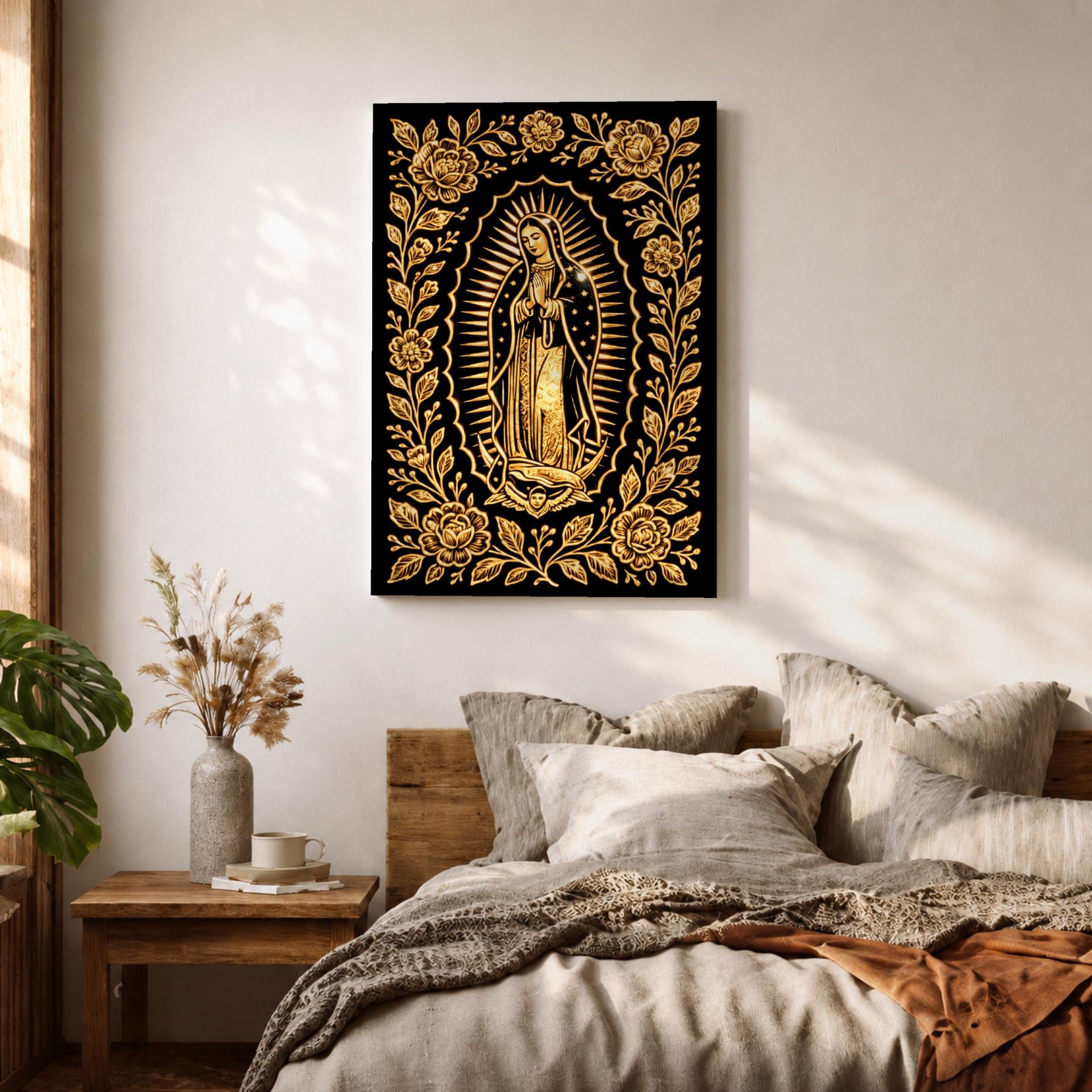 Elegant gold line artwork of Our Lady of Guadalupe standing in prayer surrounded by radiant rays and a decorative floral border, illustrated in glowing gold lines against a deep black background in a refined Mexican Catholic devotional style.