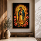 Devotional painting of Our Lady of Guadalupe standing in prayer with hands folded, wearing a blue mantle with stars and surrounded by radiant golden rays and vibrant hibiscus flowers in a colorful Mexican Catholic style.