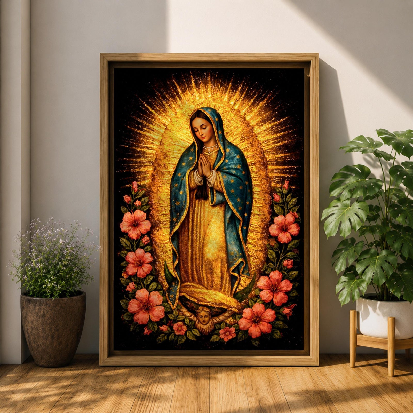Devotional painting of Our Lady of Guadalupe standing in prayer with hands folded, wearing a blue mantle with stars and surrounded by radiant golden rays and vibrant hibiscus flowers in a colorful Mexican Catholic style.