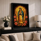 Devotional painting of Our Lady of Guadalupe standing in prayer with hands folded, wearing a blue mantle with stars and surrounded by radiant golden rays and vibrant hibiscus flowers in a colorful Mexican Catholic style.