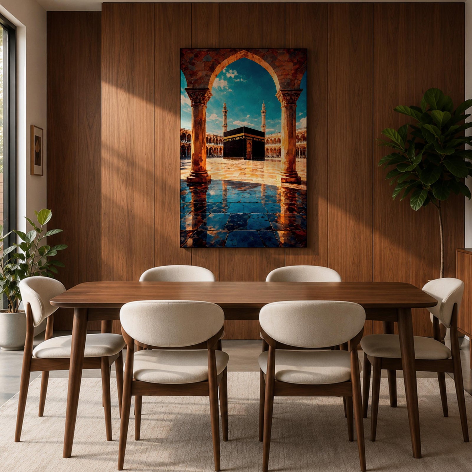 Framed wall art showing the Kaaba at Masjid Al Haram in Mecca viewed through a grand marble archway with columns and reflective courtyard tiles under a bright blue sky.