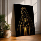 Elegant gold line illustration of the Virgin Mary with a crown and radiant Sacred Heart, hands folded in prayer against a deep black background in a refined Catholic devotional style.