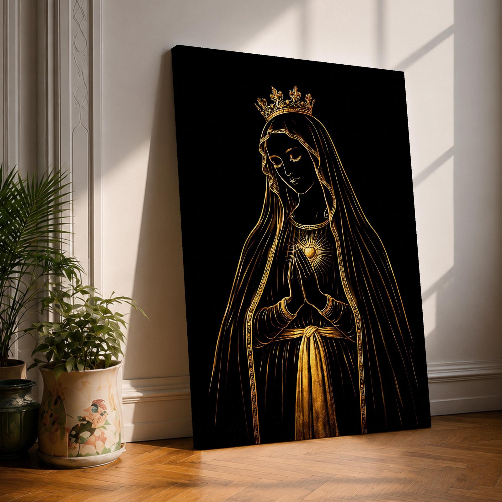 Elegant gold line illustration of the Virgin Mary with a crown and radiant Sacred Heart, hands folded in prayer against a deep black background in a refined Catholic devotional style.