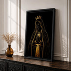 Elegant gold line illustration of the Virgin Mary with a crown and radiant Sacred Heart, hands folded in prayer against a deep black background in a refined Catholic devotional style.