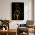 Elegant gold line illustration of the Virgin Mary with a crown and radiant Sacred Heart, hands folded in prayer against a deep black background in a refined Catholic devotional style.