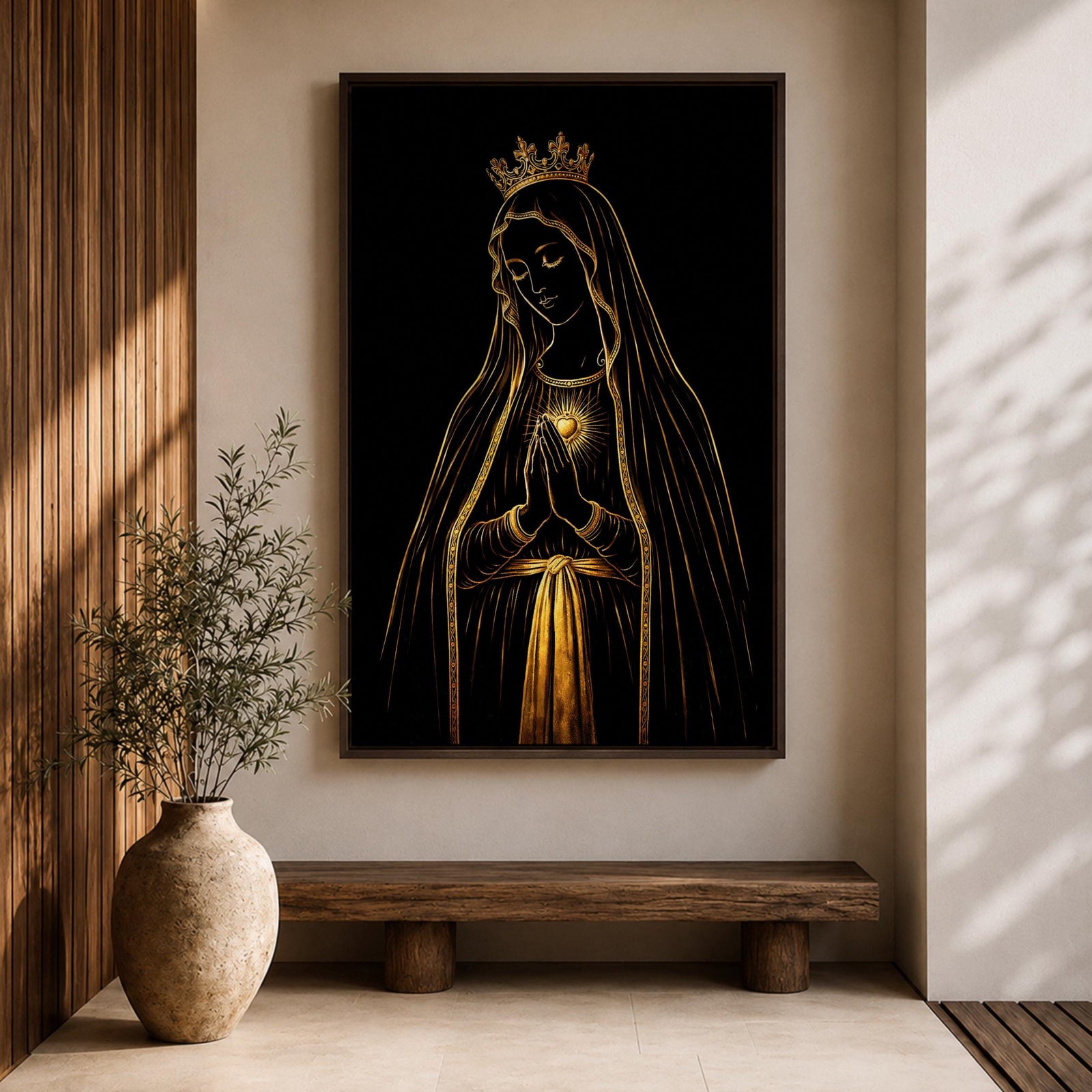 Elegant gold line illustration of the Virgin Mary with a crown and radiant Sacred Heart, hands folded in prayer against a deep black background in a refined Catholic devotional style.