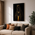 Elegant gold line illustration of the Virgin Mary with a crown and radiant Sacred Heart, hands folded in prayer against a deep black background in a refined Catholic devotional style.