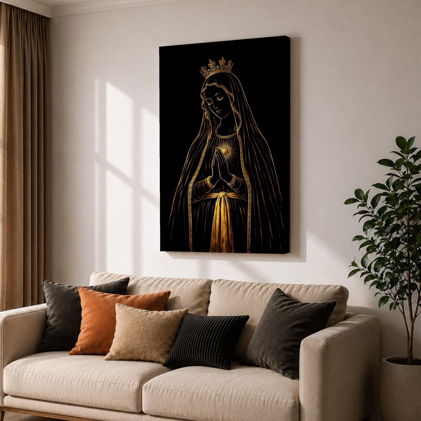 Elegant gold line illustration of the Virgin Mary with a crown and radiant Sacred Heart, hands folded in prayer against a deep black background in a refined Catholic devotional style.