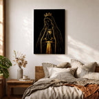 Elegant gold line illustration of the Virgin Mary with a crown and radiant Sacred Heart, hands folded in prayer against a deep black background in a refined Catholic devotional style.