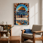 Mosaic style artwork depicting the Dome of the Rock in Jerusalem framed by a richly patterned stone arch, showing the iconic golden dome rising above detailed blue tile architecture and a reflective courtyard with geometric patterns, emphasizing Islamic sacred architecture through intricate mosaic textures and symmetrical composition.