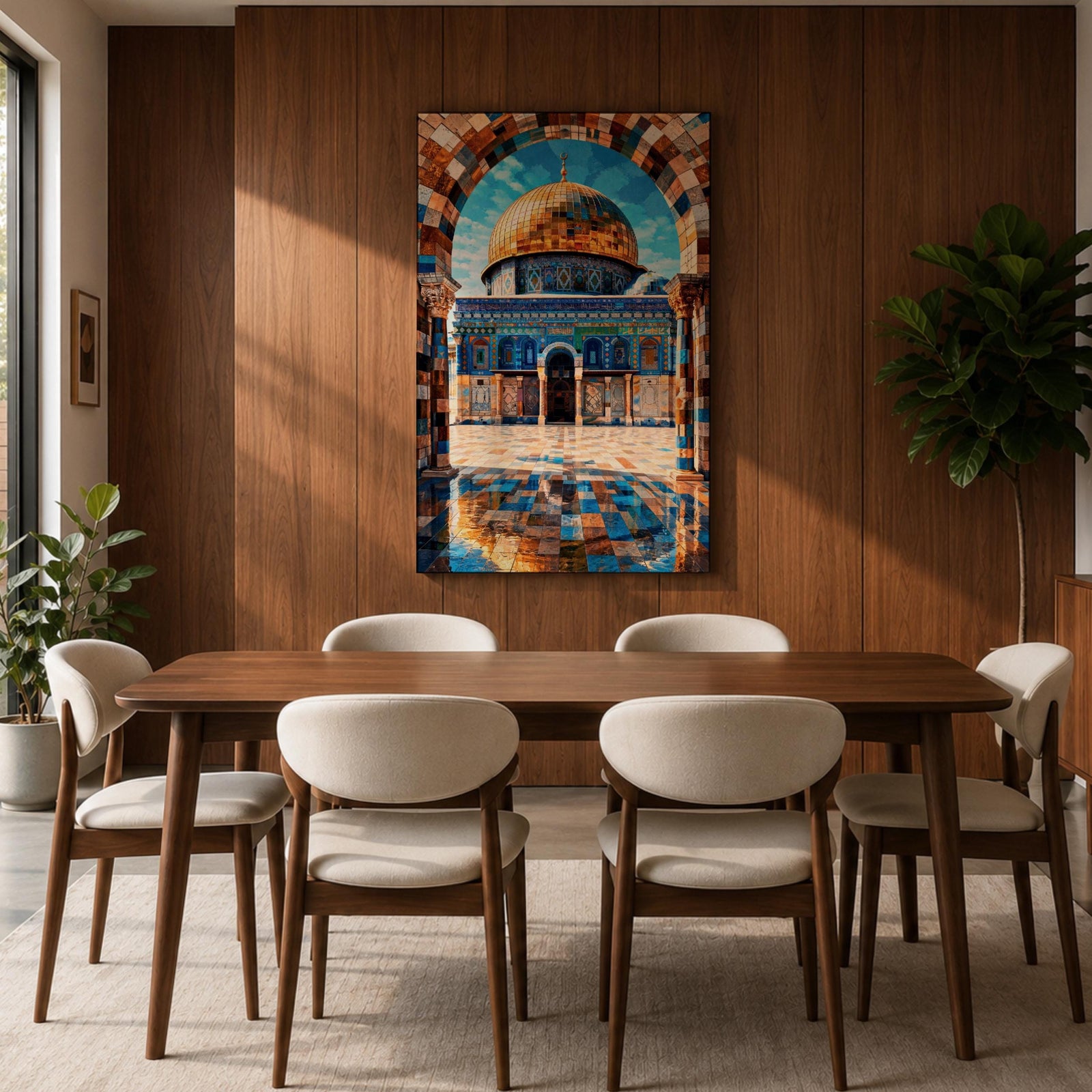 Mosaic style artwork depicting the Dome of the Rock in Jerusalem framed by a richly patterned stone arch, showing the iconic golden dome rising above detailed blue tile architecture and a reflective courtyard with geometric patterns, emphasizing Islamic sacred architecture through intricate mosaic textures and symmetrical composition.